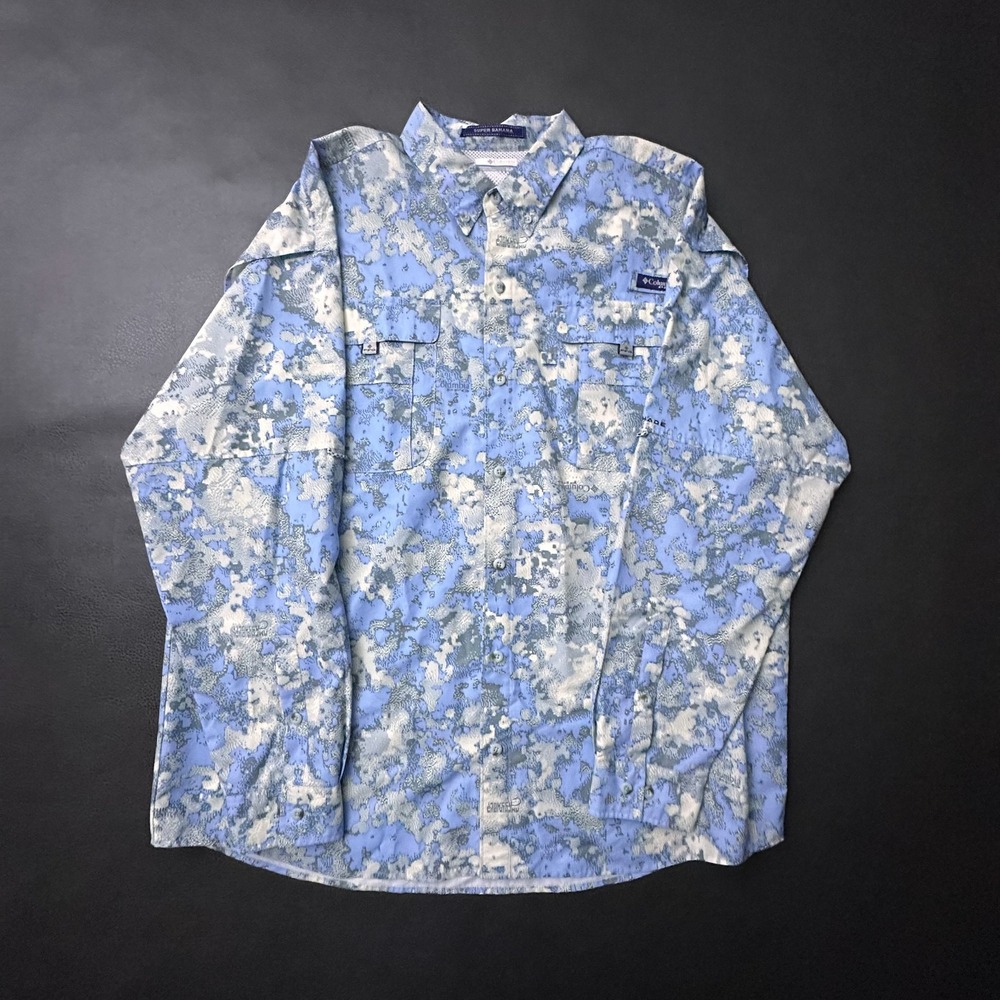 Columbia x Amphibious Assault Shirt Mens XL Blue Digital Camo Super Bahama Fish